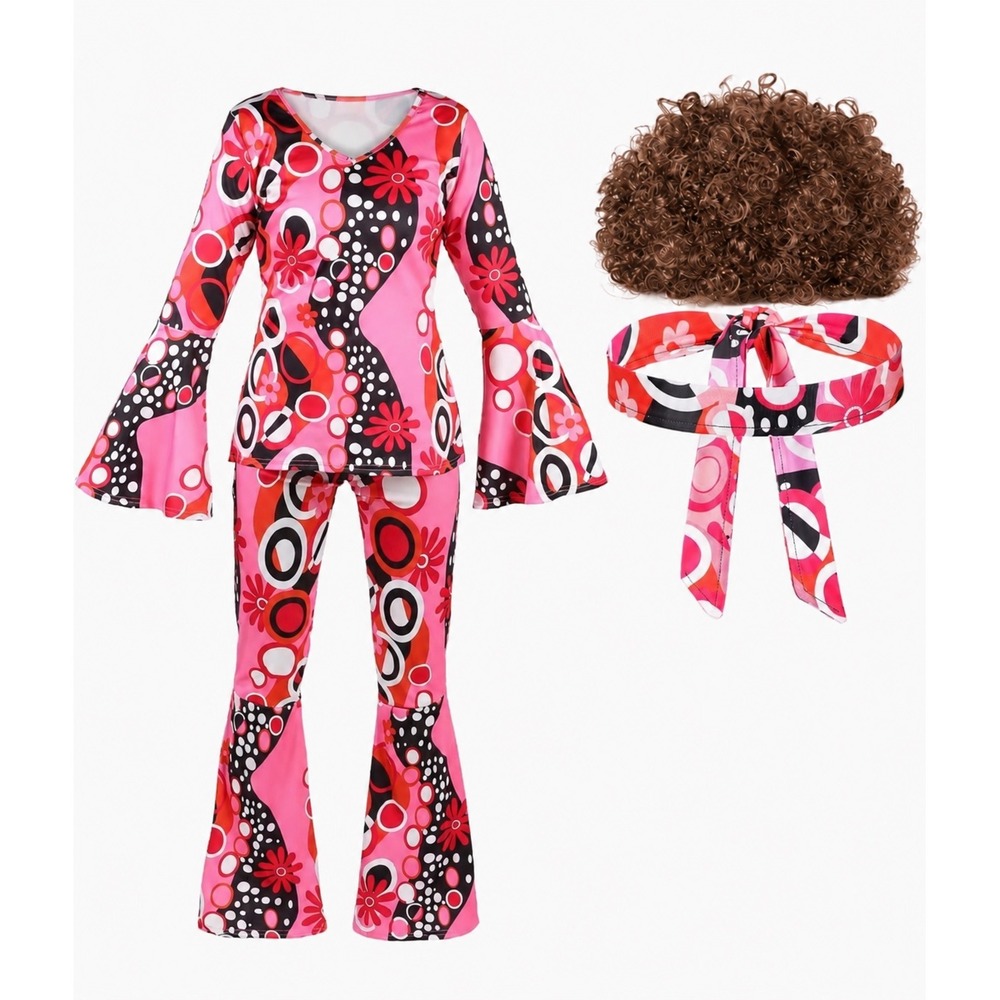 Pink Psychedelic 70s Hippie Costume Set with Bell Sleeves Flare Pants Wig size L